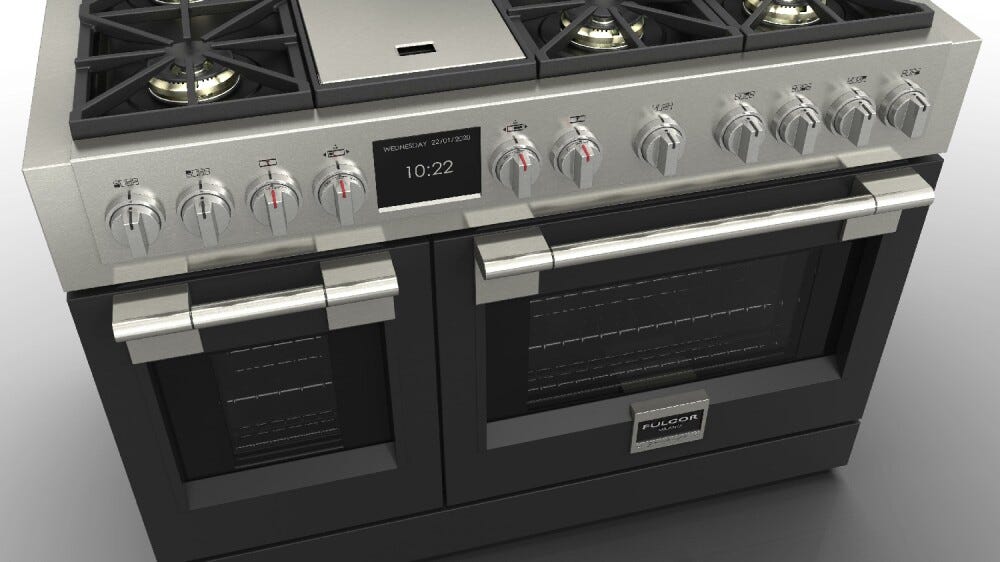 Fulgor FSRC 4807 2P MK 2F MBK Sofia Professional Cucina da accosto cm. 122 x 69 - 6 fuochi a gas con piastra teppanyaki + 2 forni elettrici - nero opaco