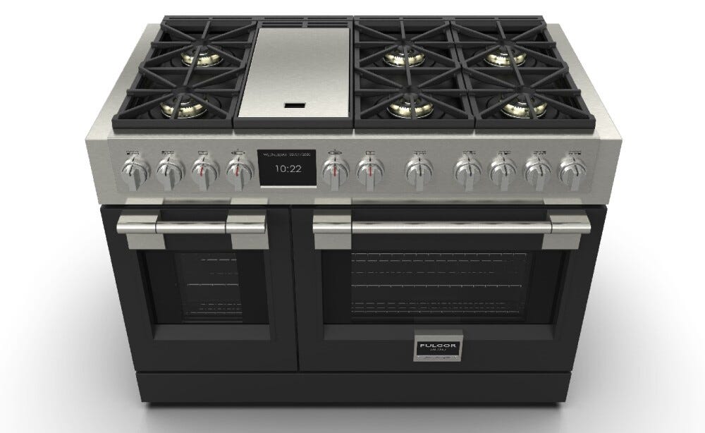 Fulgor FSRC 4807 2P MK 2F MBK Sofia Professional Cucina da accosto cm. 122 x 69 - 6 fuochi a gas con piastra teppanyaki + 2 forni elettrici - nero opaco