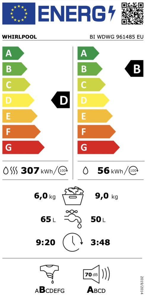 Whirlpool BI WDWG 961485 UE Lavasciuga da incasso cm. 60 - capacità di lavaggio 9 kg - capacità di asciugatura 6 kg