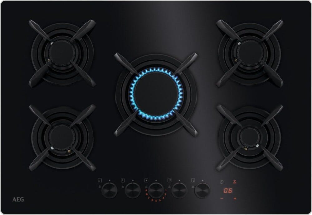 AEG HKB75453NB 8000 FLAMELIGHT Piano cottura a gas 75 cm Gas on Glass, 5 zone, FlameLight e Hob2Hood, vetro nero