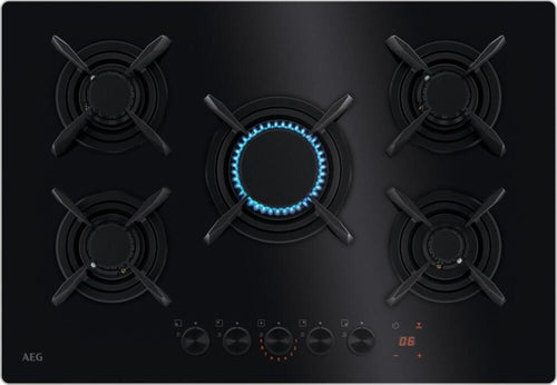 AEG HKB75453NB 8000 FLAMELIGHT Piano cottura a gas 75 cm Gas on Glass, 5 zone, FlameLight e Hob2Hood, vetro nero