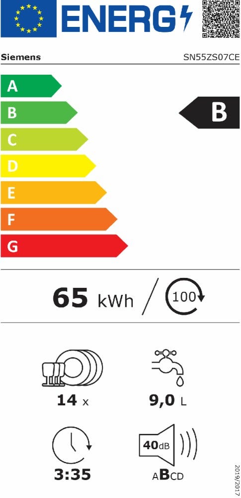 Siemens SN55ZS07CE IQ500 Lavastoviglie integrata parziale cm. 60 - 14 coperti - frontalino nero/inox