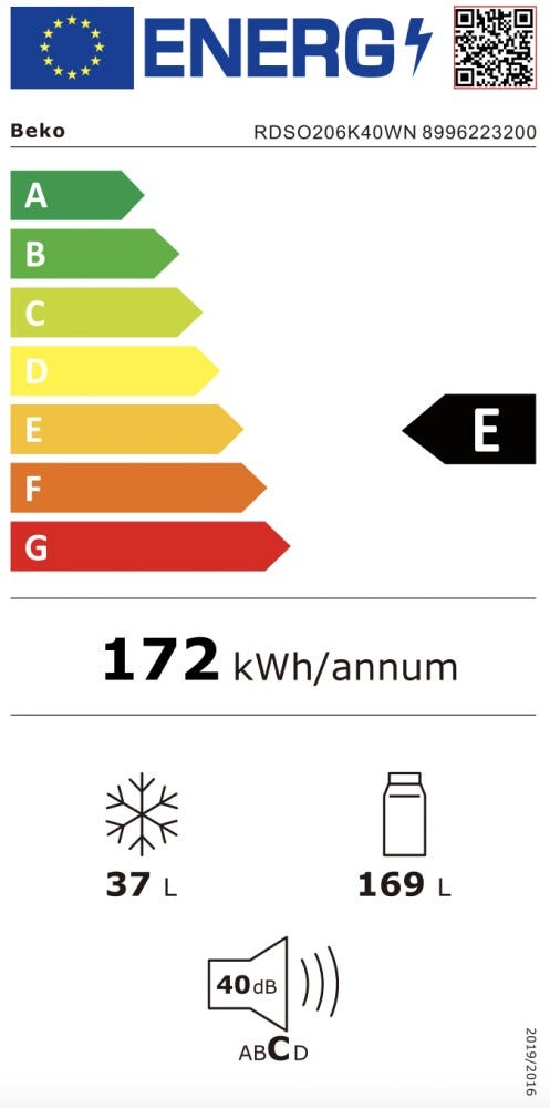 Beko RDSO206K40WN Frigorifero con congelatore a libera installazione cm. 55 h. 143 - lt. 206 - bianco