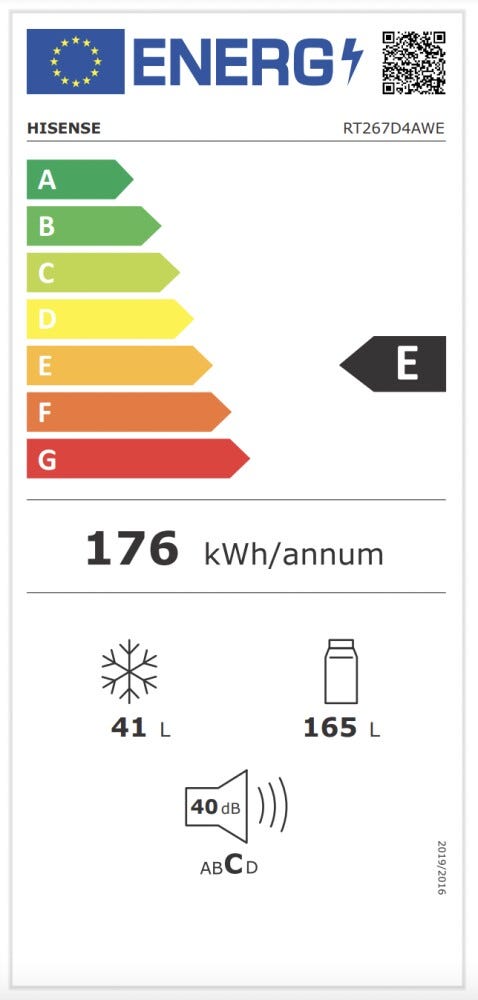 Hisense RT267D4AWE Frigorifero con congelatore a libera installazione - cm. 55 h. 144 - lt. 206 - bianco