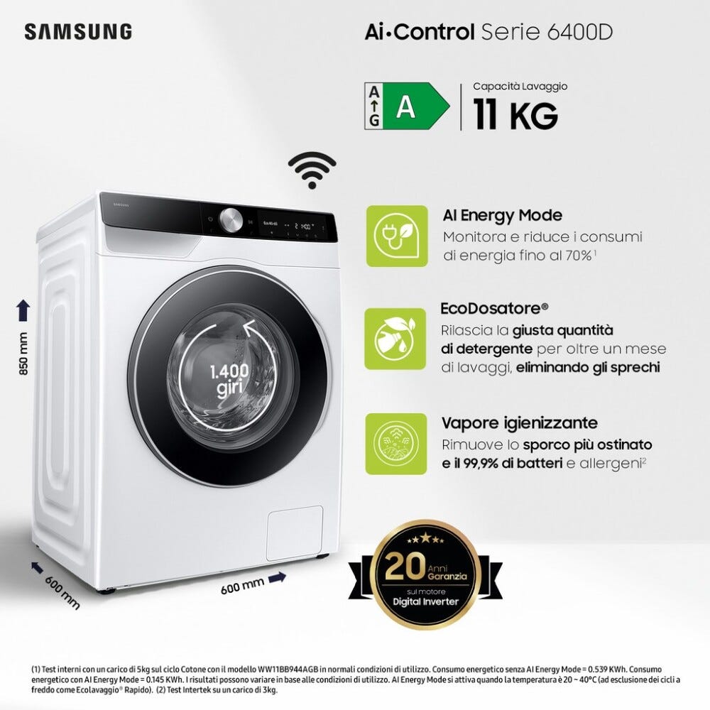 Samsung WW11DG6B85LKU3 AI Control Lavatrice cm. 60 - capacità 11 kg - bianco