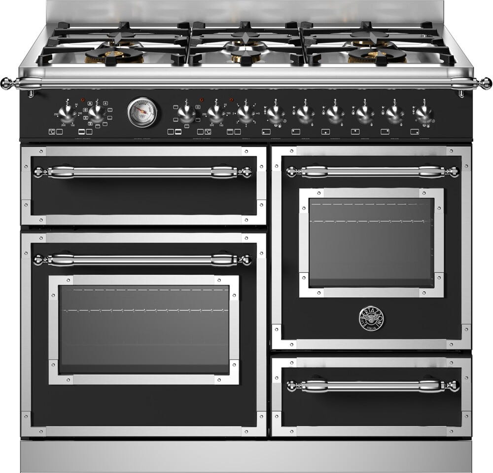 Bertazzoni HER106L3ENET Heritage Cucina da accosto cm. 100 - 6 fuochi a gas + 3 forni elettrici - scaldavivande - nero opaco