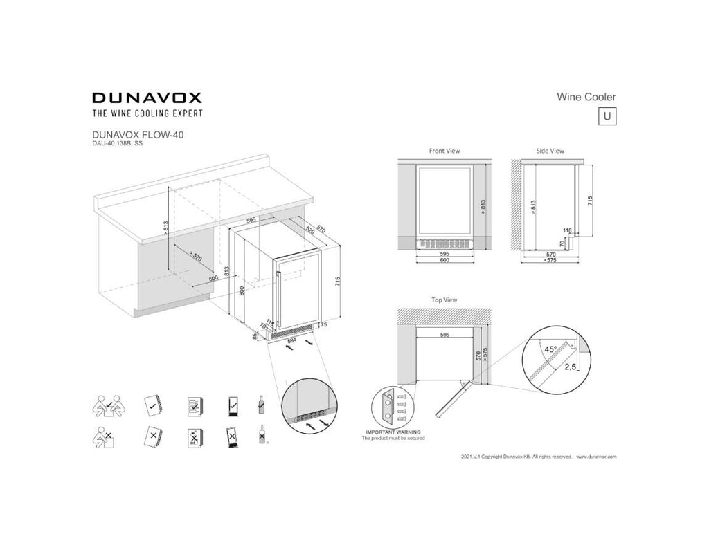 Dunavox DAUF-40.138B Flow-40 Cantina vini da incasso cm. 60 - 40 bottiglie - nero