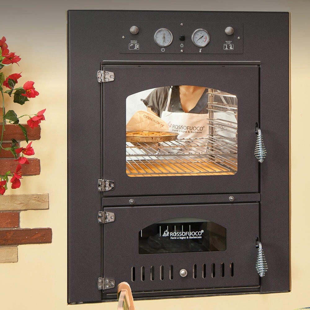 Rossofuoco Quattrostagioni Forno a legna bifacciale da incasso 75 x 80 cm a combustione separata - antracite/acciaio