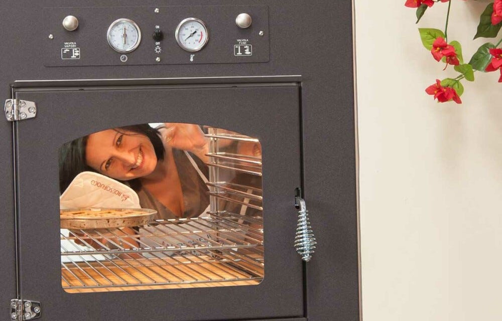 Rossofuoco Quattrostagioni Forno a legna bifacciale da incasso 75 x 80 cm a combustione separata - antracite/acciaio