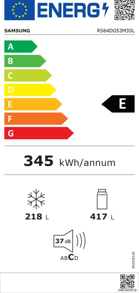 Samsung RS64DG53M3SLEF 5000D Air Space AI Frigorifero con congelatore side by side cm. 91 h. 178 - lt. 635 - inox