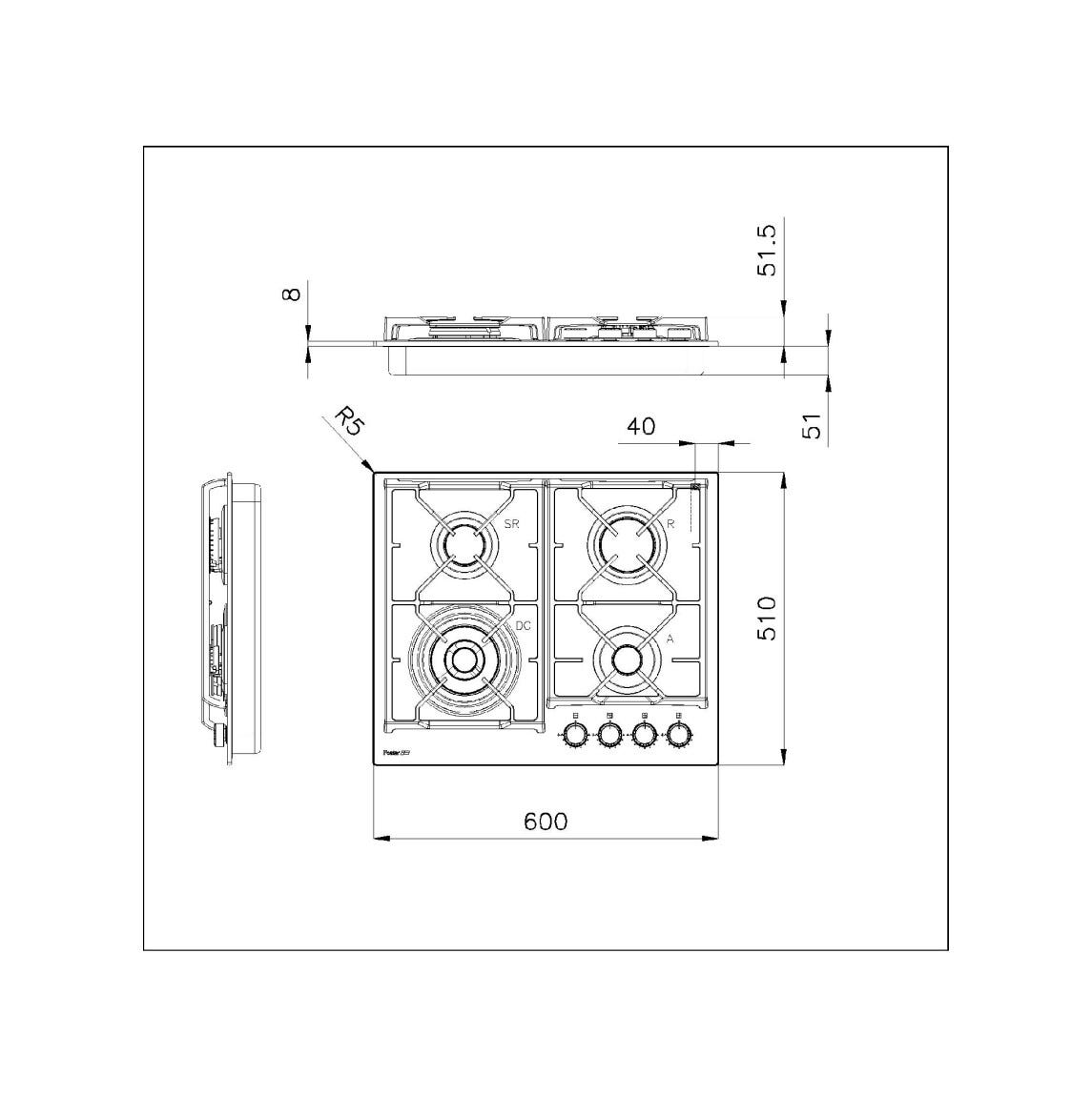 Foster 7041632 Power Glass Piano cottura a gas cm 60 - vetro nero