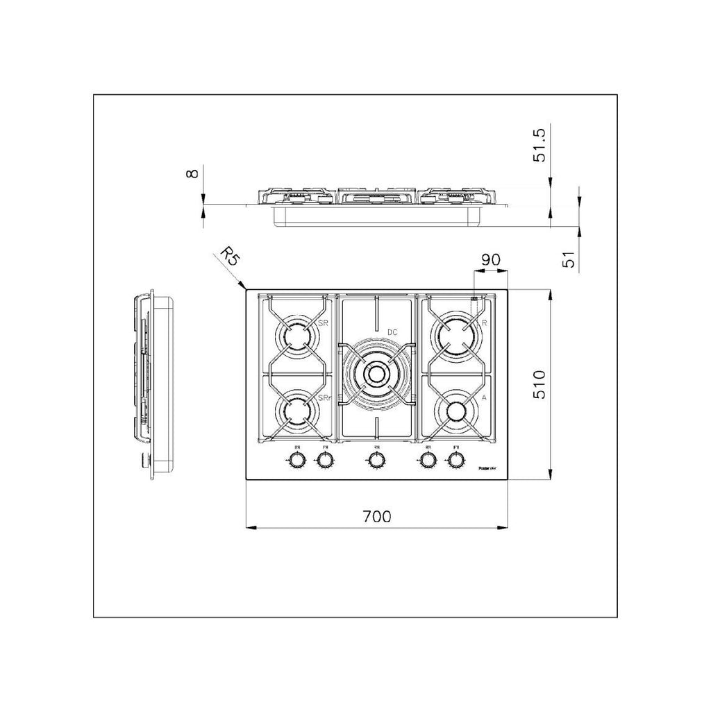 Foster 7042632 Power Glass Piano cottura a gas cm 70 - vetro nero