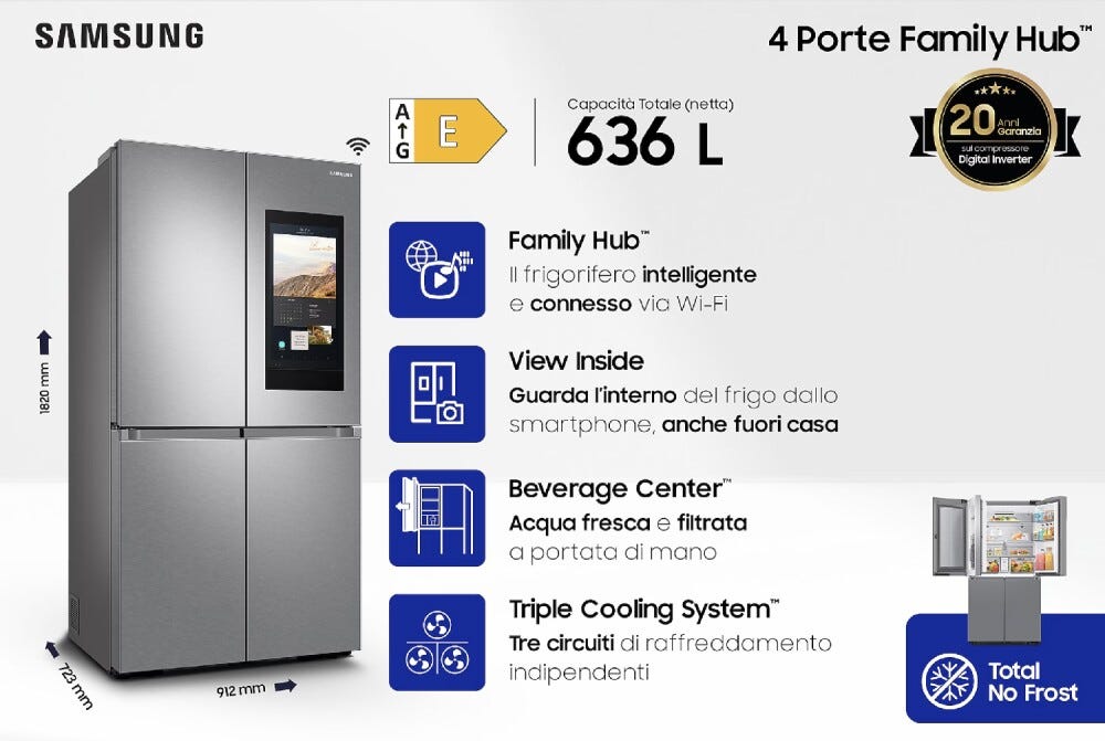 Samsung RF65DG9H0ESREF Family Hub™ AI Frigorifero con congelatore 4 porte a libera installazione cm. 91 h. 183 - lt. 636 - inox spazzolato