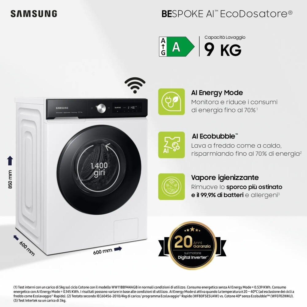 Samsung WW90DB7U94GEU3 Bespone AI™ Lavatrice cm. 60 - capacità 9 kg - nero