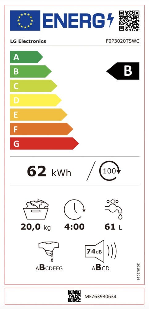 LG F0P3020TSWC Serie P3 Lavatrice cm. 70 - capacità 20 kg - bianco