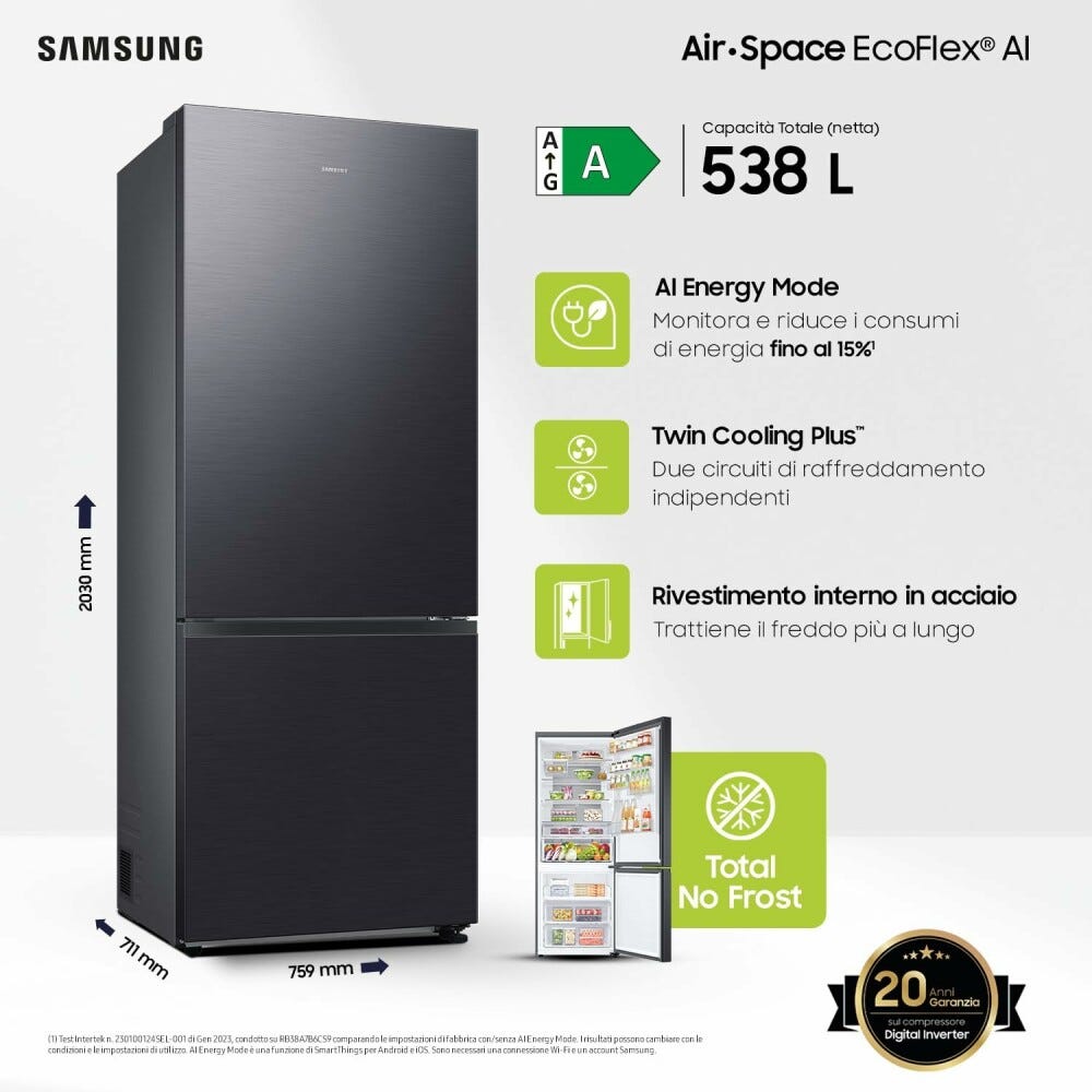 Samsung RB53DG706AB1EF Frigorifero con congelatore a libera installazione cm. 76 h. 203 - lt. 538 - antracite