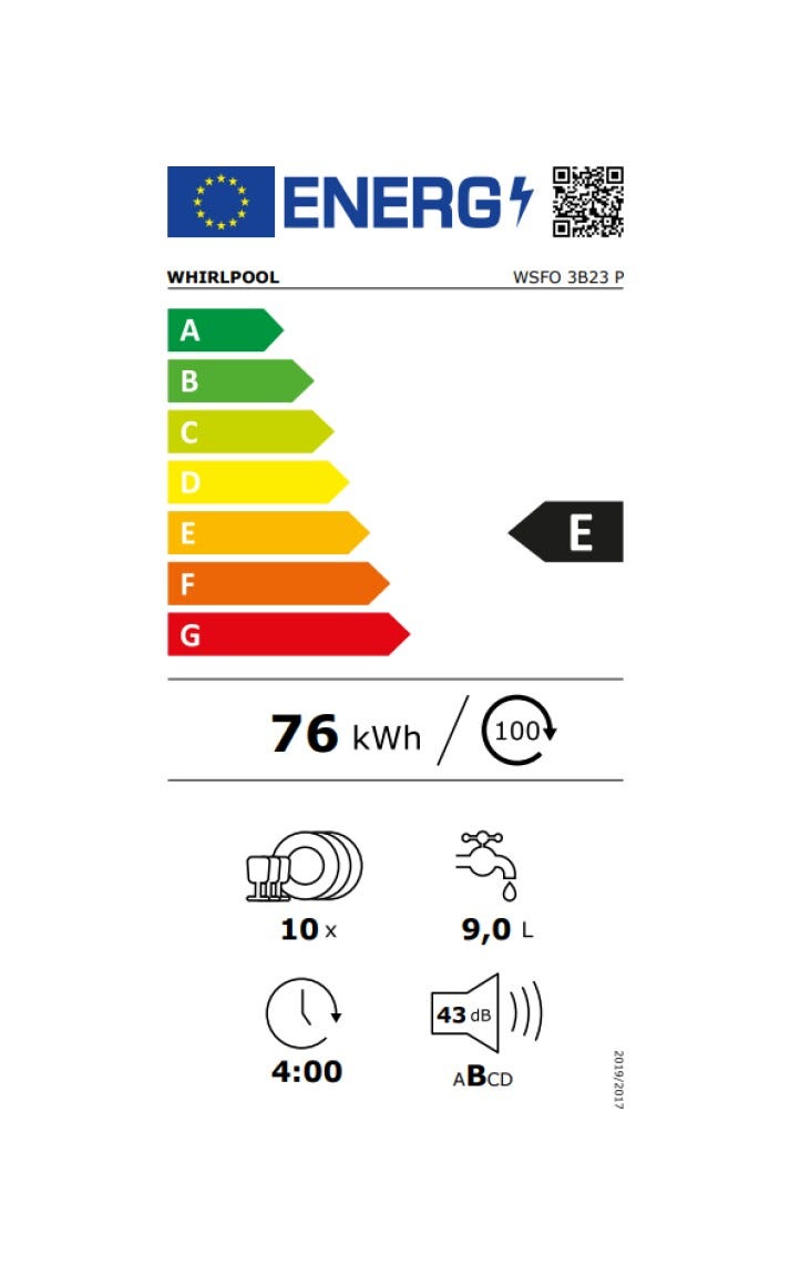 Whirlpool WSFO 3B23 P Lavastoviglie a libera installazione cm. 45 - 10 coperti - bianco