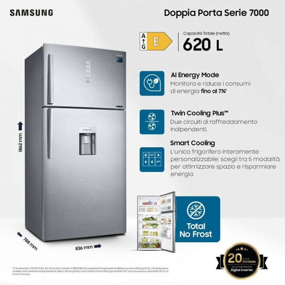Samsung RT62K711RSL/ES Serie 7000 AI Frigorifero con congelatore a libera installazione cm. 84 h. 186 - lt. 620 - silver