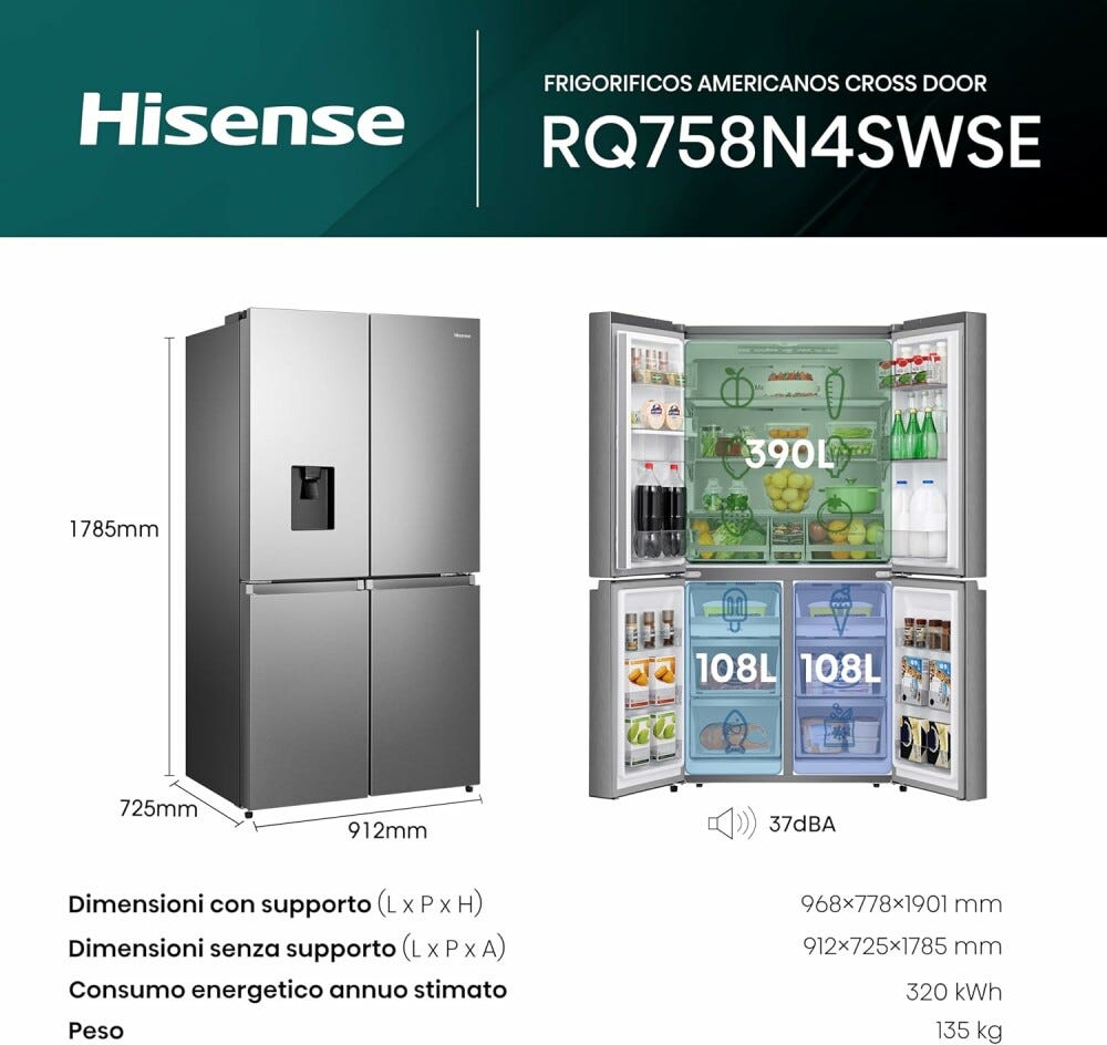 Hisense RQ758N4SWSE Frigorifero con congelatore 4 porte - cm. 91 h. 179 - lt. 606 - grigio