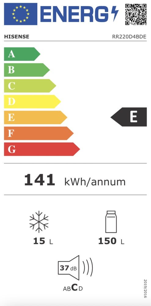 Hisense RR220D4BDE Frigorifero con congelatore a libera installazione - cm. 51 h. 127 - lt. 165 - grigio