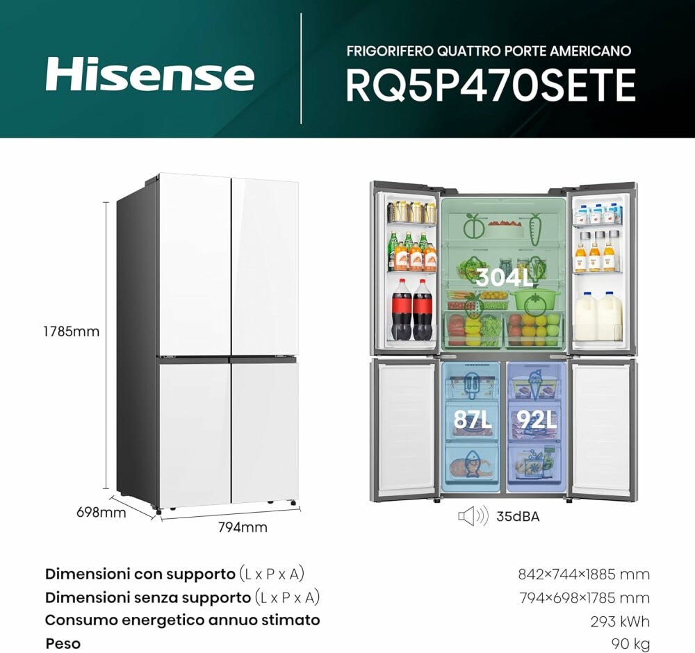 Hisense RQ5P470SETE Frigorifero con congelatore 4 porte - cm. 80 h. 179 - lt. 483 - vetro bianco