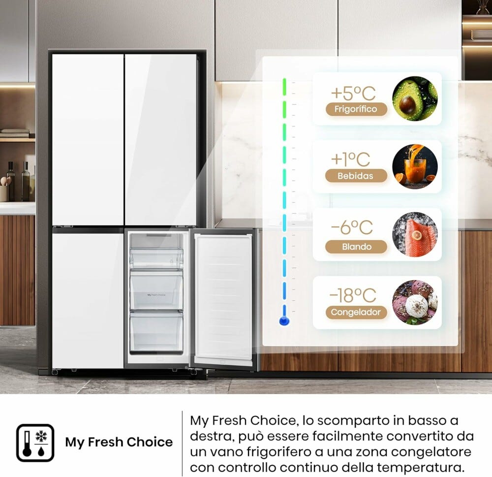Hisense RQ5P470SETE Frigorifero con congelatore 4 porte - cm. 80 h. 179 - lt. 483 - vetro bianco