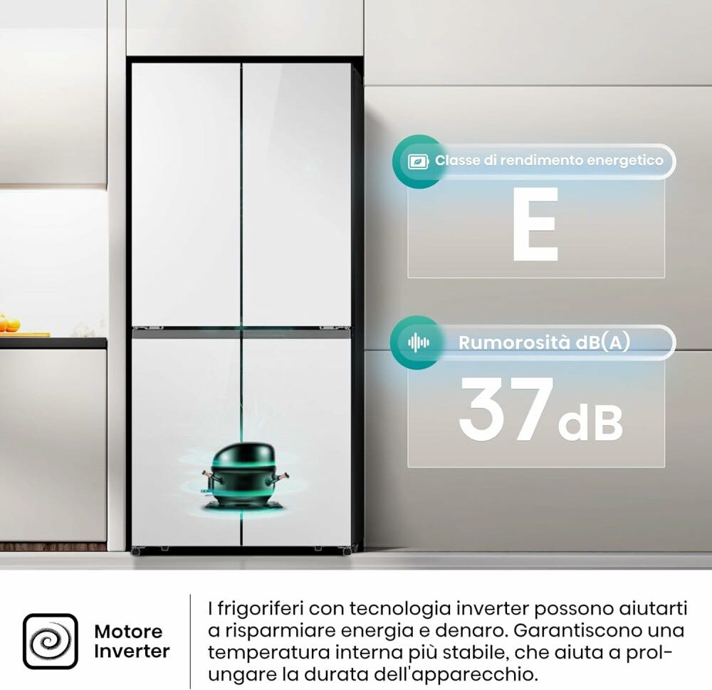 Hisense RQ5P470SETE Frigorifero con congelatore 4 porte - cm. 80 h. 179 - lt. 483 - vetro bianco