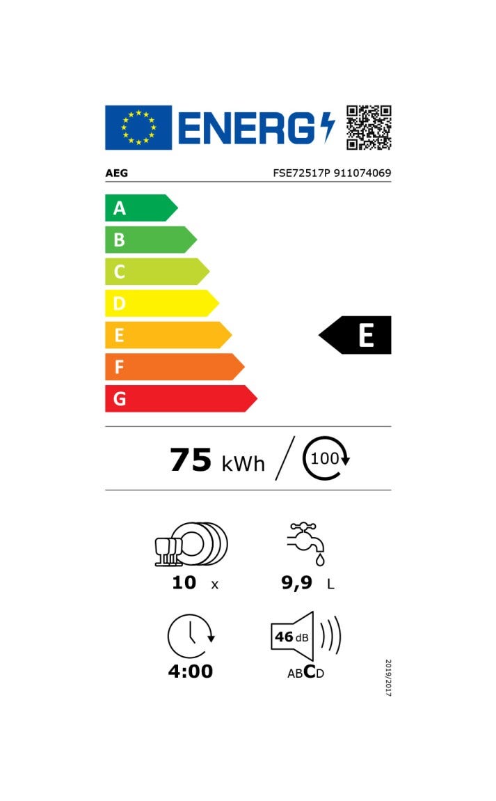 AEG FSE72517P Serie 6000 SatelliteClean® Lavastoviglie integrata totale cm. 45 - 10 coperti