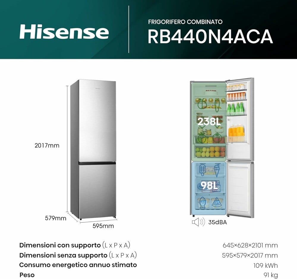 Hisense RB440N4ACA Frigorifero con congelatore a libera installazione - cm. 60 h. 202 - lt. 336 - grigio