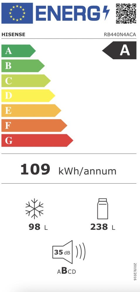Hisense RB440N4ACA Frigorifero con congelatore a libera installazione - cm. 60 h. 202 - lt. 336 - grigio