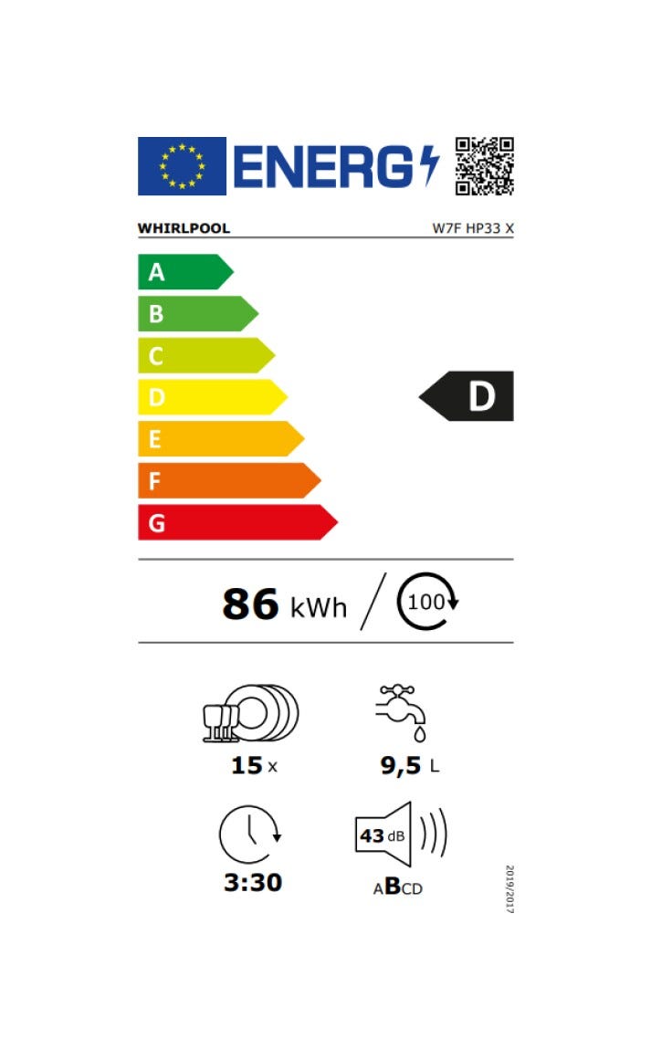 Whirlpool W7F HP33 X Lavastoviglie a libera installazione cm. 60 - 15 coperti - inox