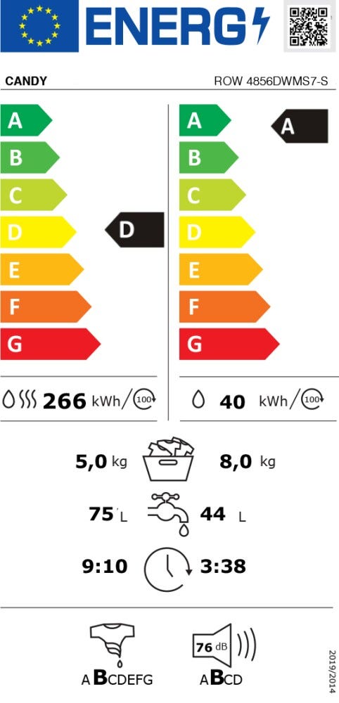 Candy ROW 4856DWMS7-S RapidÓ Lavasciuga cm. 60 - lavaggio 8 kg - asciugatura 5 kg - bianco