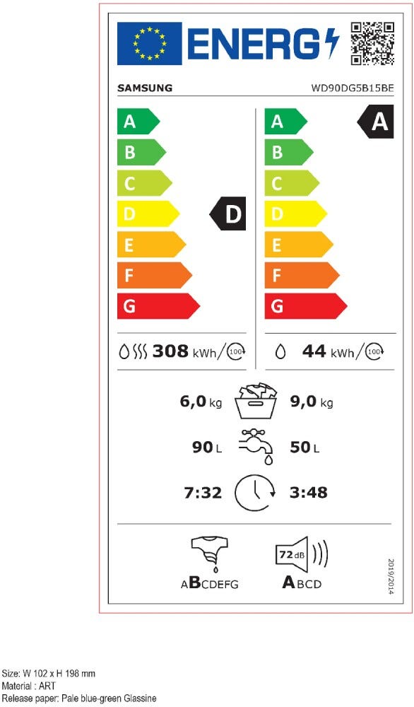 Samsung WD90DG5B15BEET Crystal Clean Lavasciuga cm. 60 - lavaggio 9 kg - asciugatura 6 kg - bianco/nero