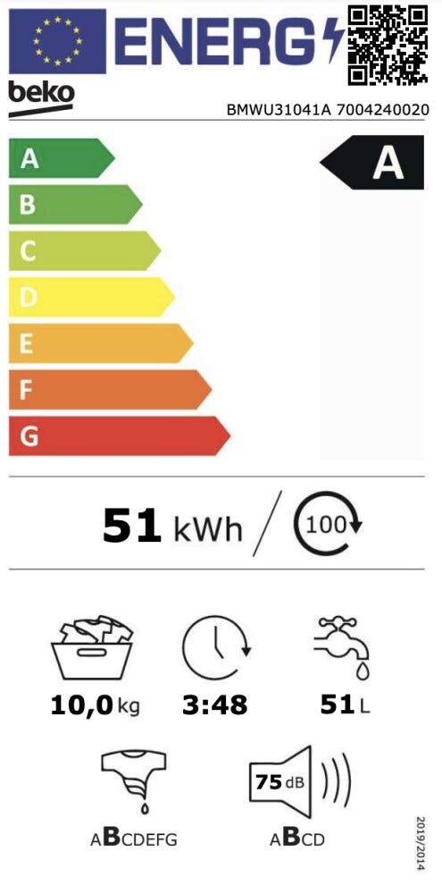 Beko BMWU31041A b300 Lavatrice 10 kg, classe A, 1400 giri, motore inverter, tecnologia EnergySpin e vapore SteamCure™