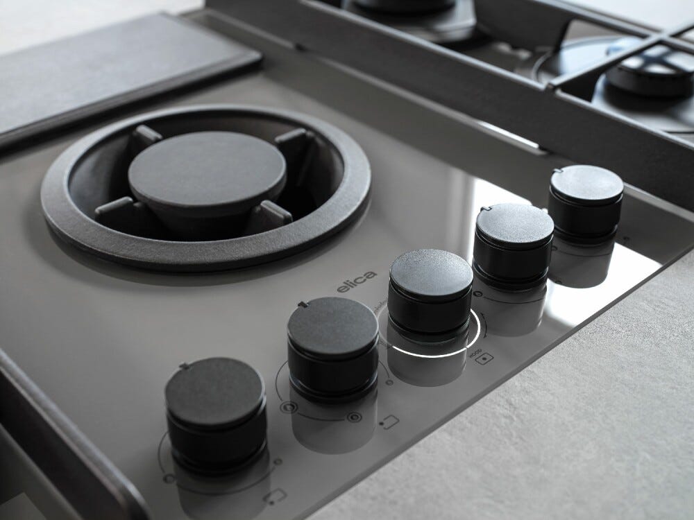 Elica NIKOLATESLA FLAME EVO GR/A/88 Evo collection Piano cottura a gas cm. 88, cappa integrata, vetro grigio