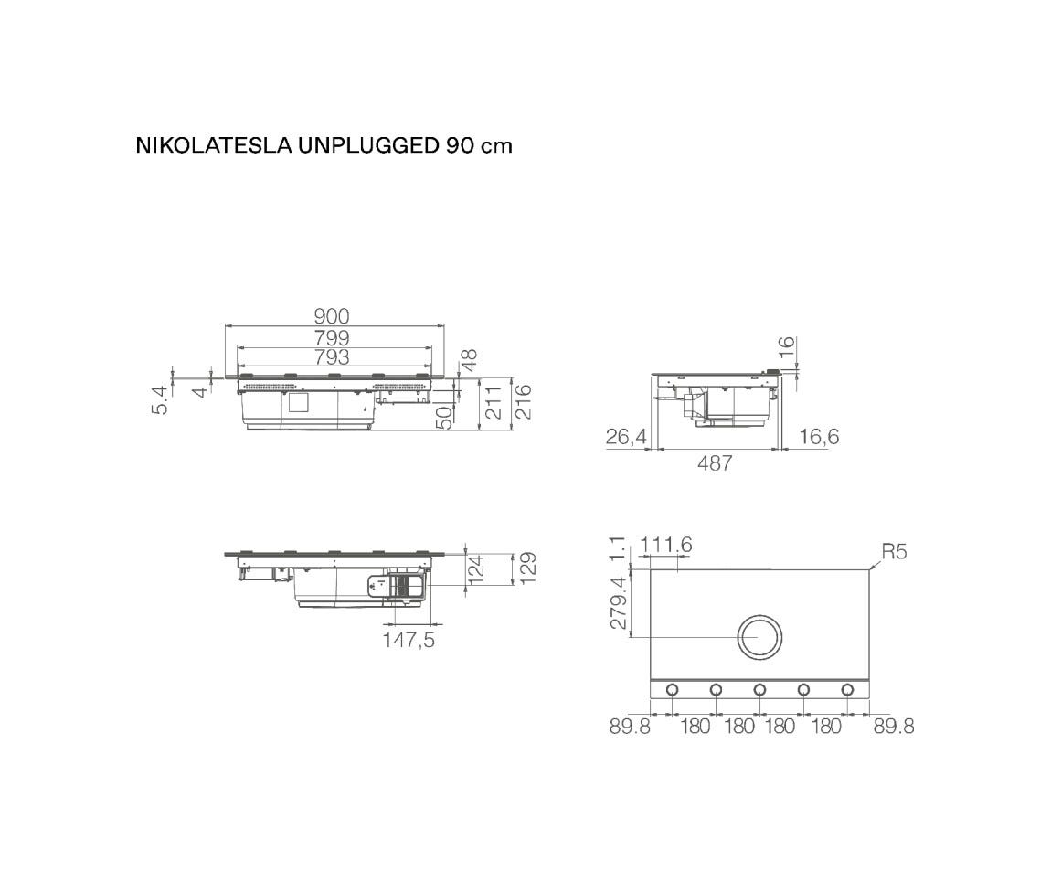 Elica NIKOLATESLA UNPLUGGED EVO BL/A/90 Evo Collection Piano cottura induzione cm. 90, cappa integrata, vetro nero/alluminio nero