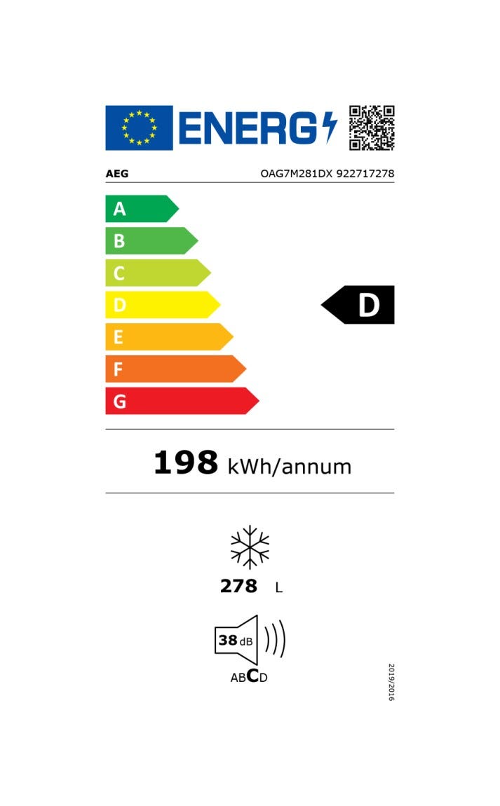 AEG OAG7M281DX Serie 7000 Congelatore monoporta a libera installazione cm. 60 h. 186 - lt. 278 - inox