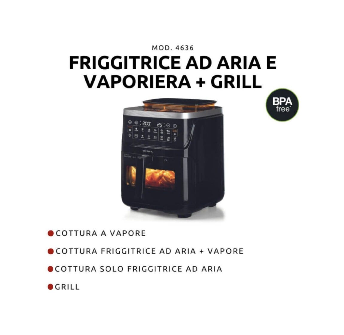 Ariete 4636/00 Friggitrice ad aria con funzione vapore - 7 lt - nero
