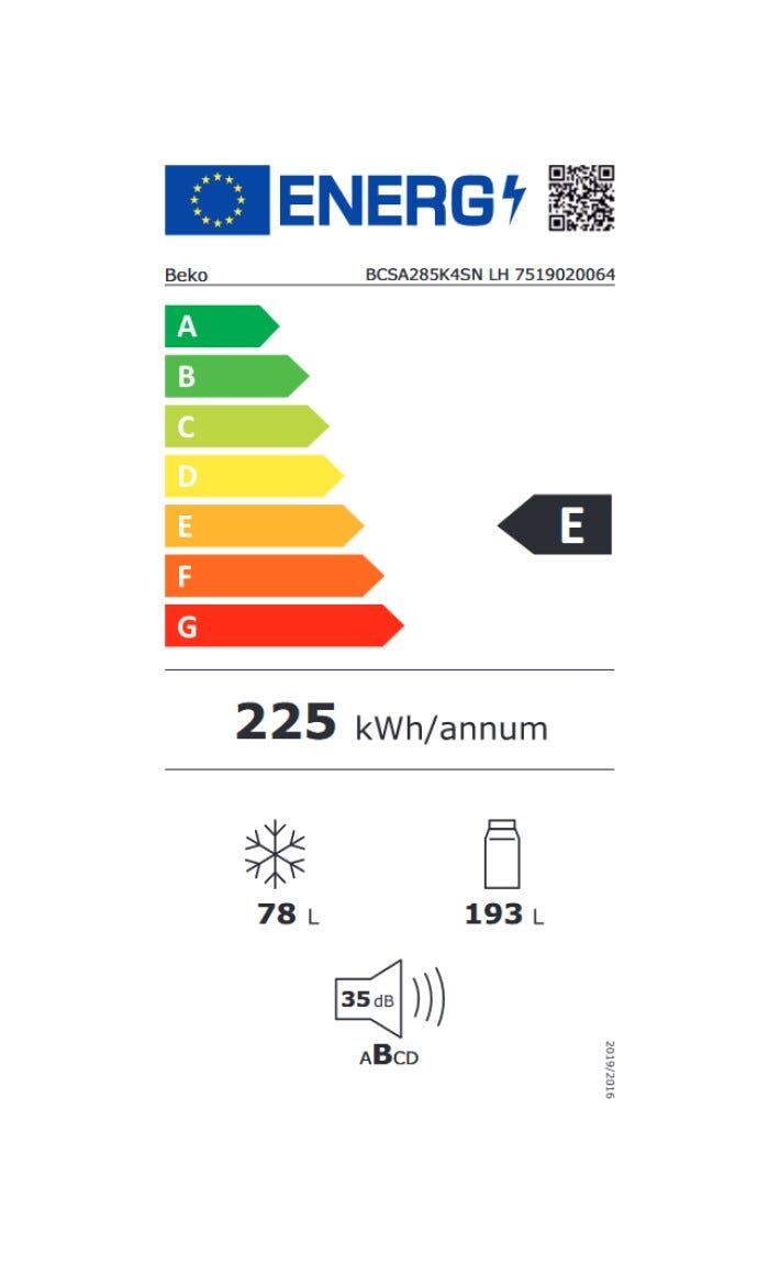 Beko BCSA285K4SN LH Frigorifero con congelatore da incasso - cm. 54 h. 178 - lt. 271