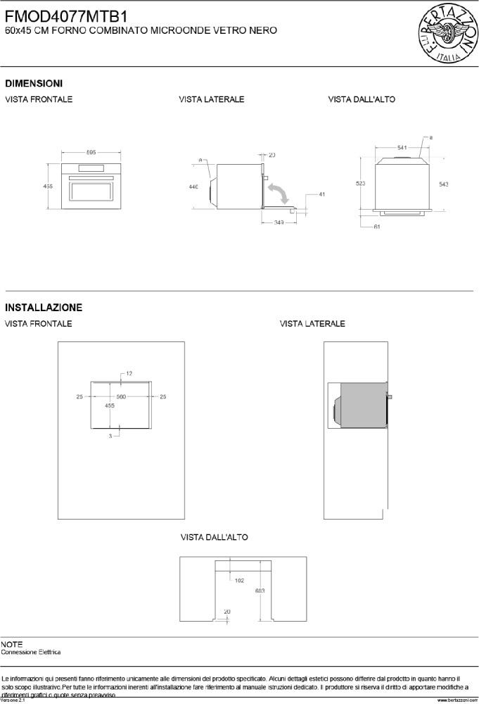 Bertazzoni FMOD4077MTB1 Modern Forno combinato microonde da incasso cm. 60 h. 45 - vetro nero