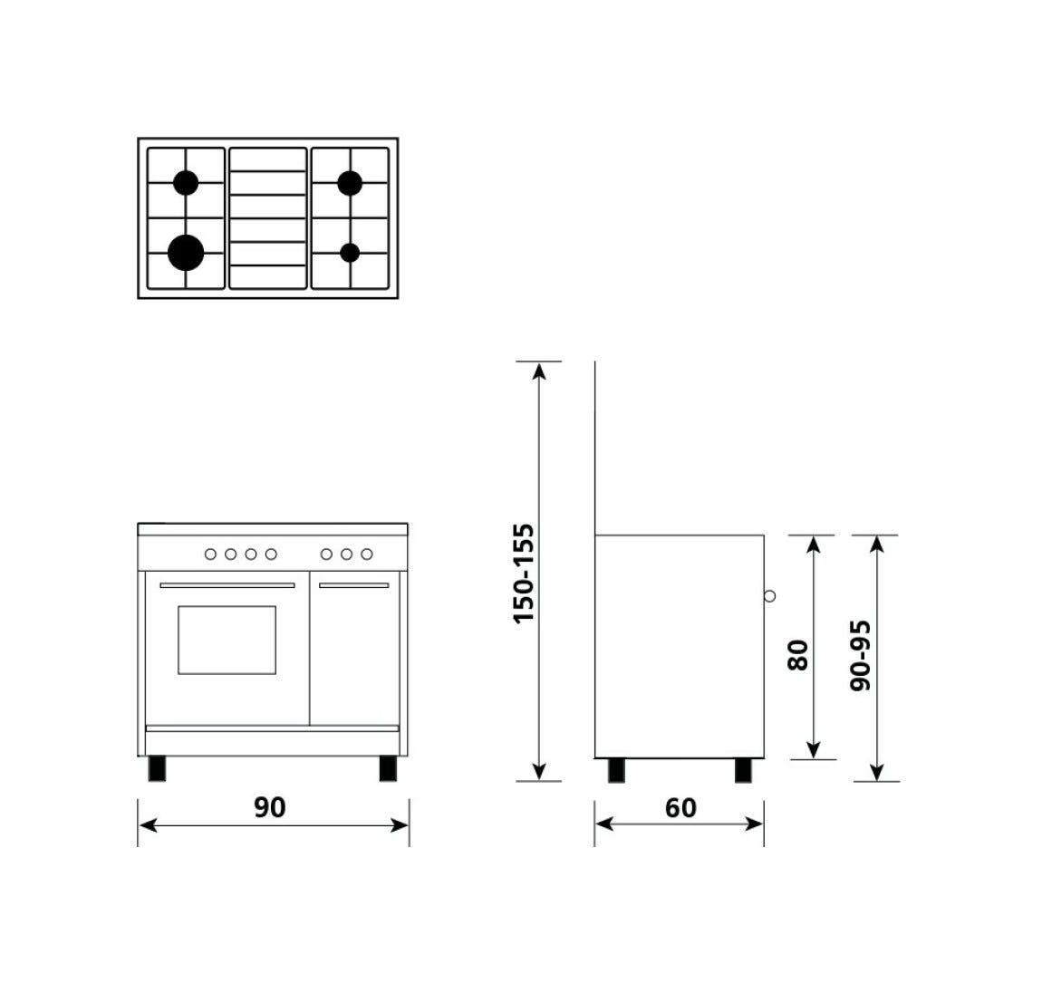 Glem AR965VI Alpha Cucina da accosto cm. 90x60 - 5 fuochi + 1 forno a gas - inox