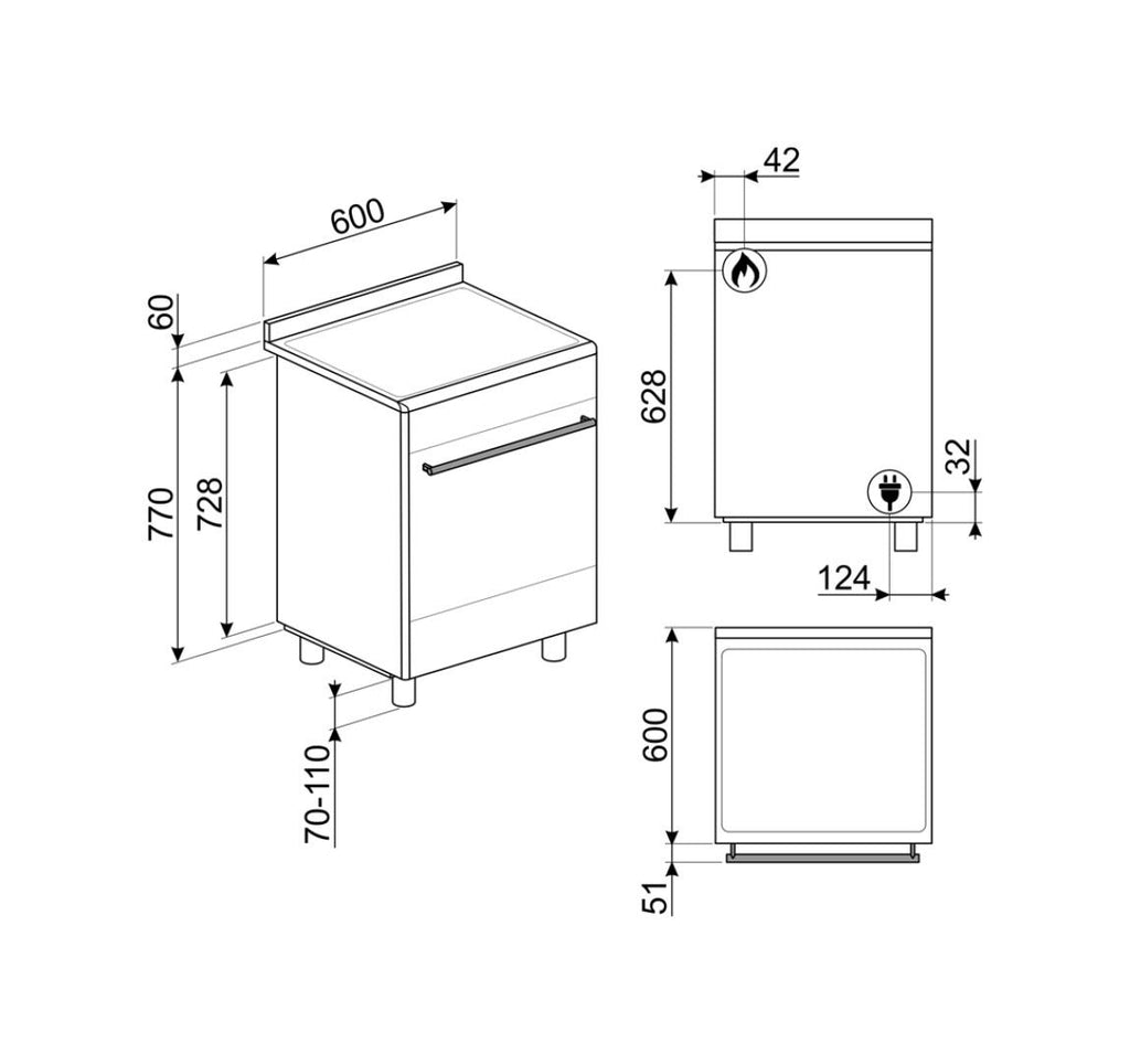 Smeg CX60GMX Classica Cucina da accosto cm. 60x60 - 4 fuochi a gas + 1 forno elettrico - inox