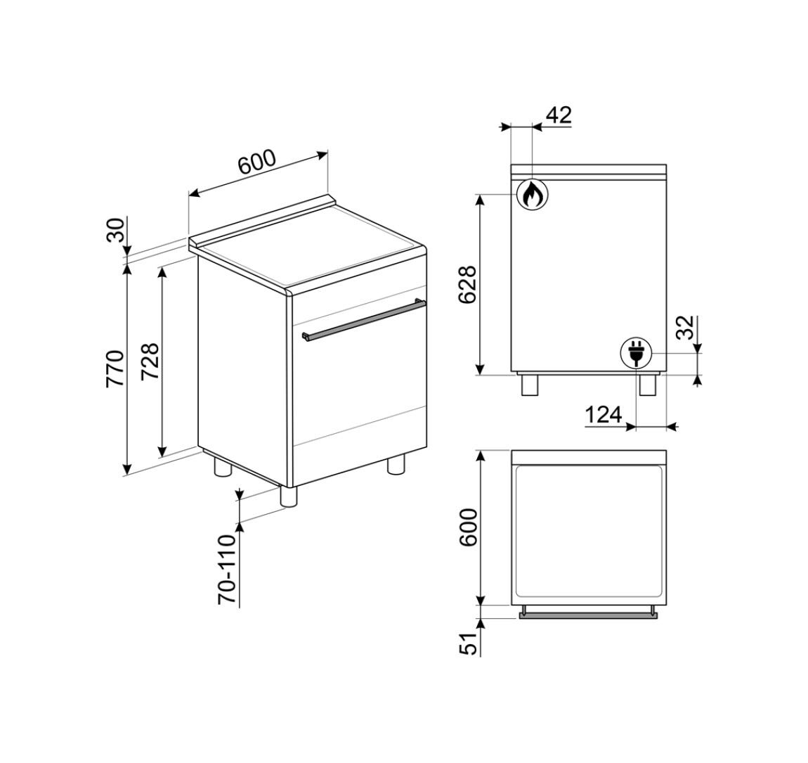 Smeg GP61X9 Cucina da accosto cm. 60x60 - 4 fuochi a gas + 1 forno elettrico - inox satinato