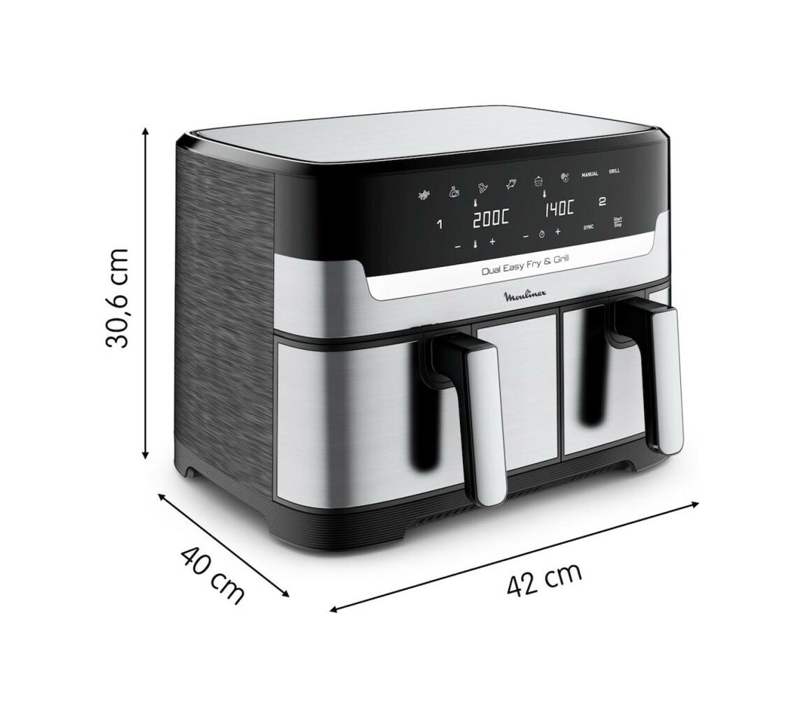 Moulinex EZ905D20 Dual Easy Fry & Grill Friggitrice ad aria doppio cestello 8.3 l. - inox/nero