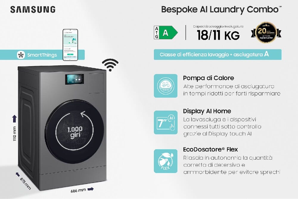 Samsung WD18DB8995BZT2 Bespoke Ai Laudry Combo™ Lavasciuga cm. 69 h. 111 - lavaggio 18 kg - asciugatura 11 kg - gray