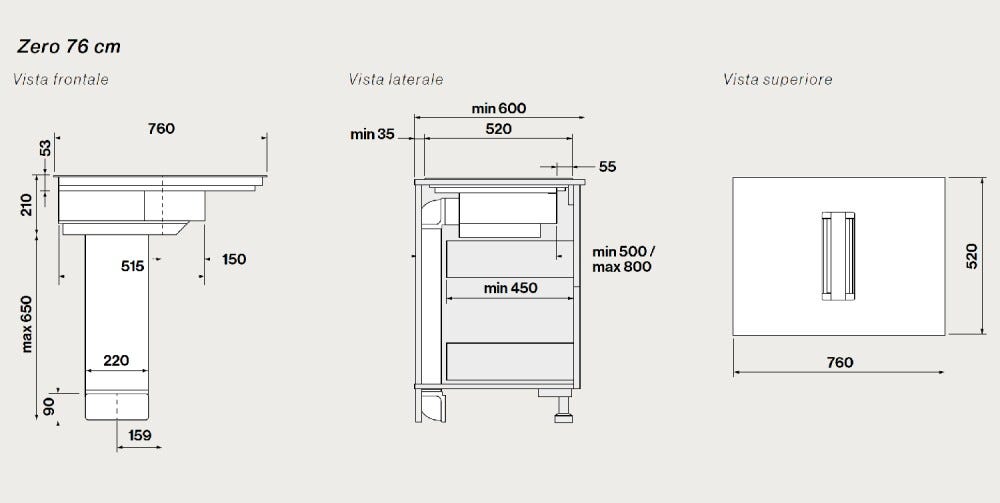 Falmec ZERO 76 COOKING SYSTEM Piano cottura a induzione 76 cm con cappa aspirante integrata da 600 m3/h - vetroceramica nero