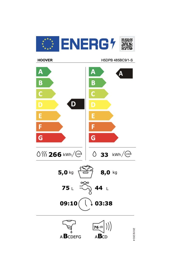 Hoover H5DPB 485BC9/1-S H-WASH&DRY 550 Lavasciuga cm. 60 - lavaggio 8 kg - asciugatura 5 kg - bianco