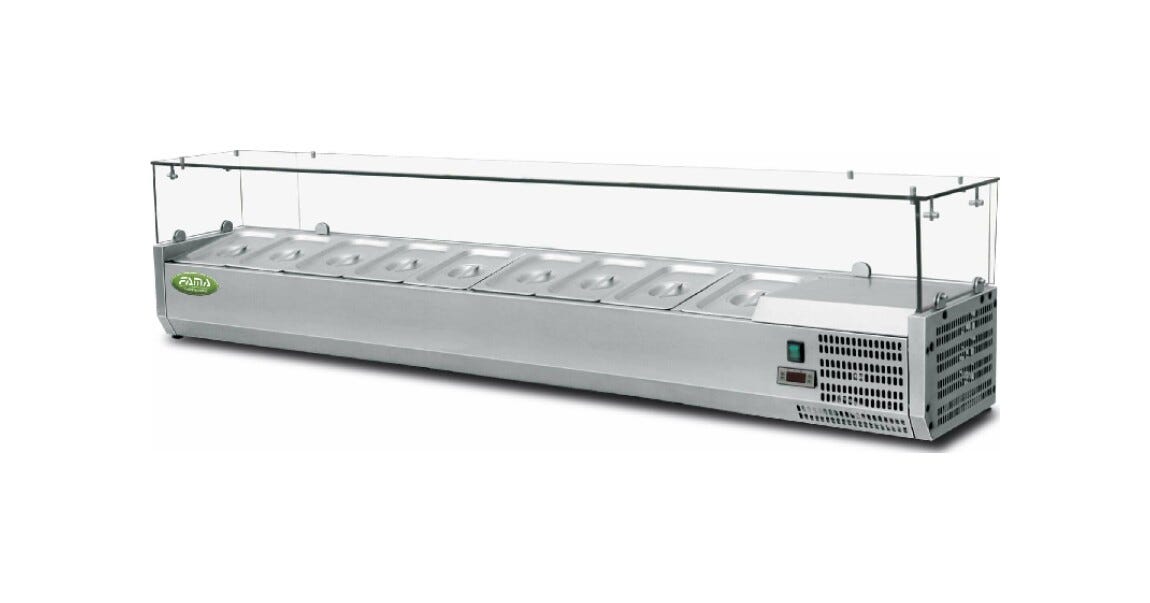 Fama FV12033 Vetrinetta refrigerata per pizzeria, 120 cm, 9 vaschette GN 1/3, acciaio inox, vetro temperato, +2/+8°C
