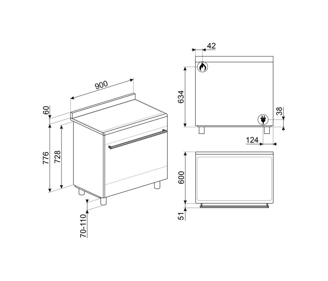 Smeg SX91GM Classica Cucina da accosto cm. 90x60 - 5 fuochi a gas + 1 forno elettrico - inox satinato