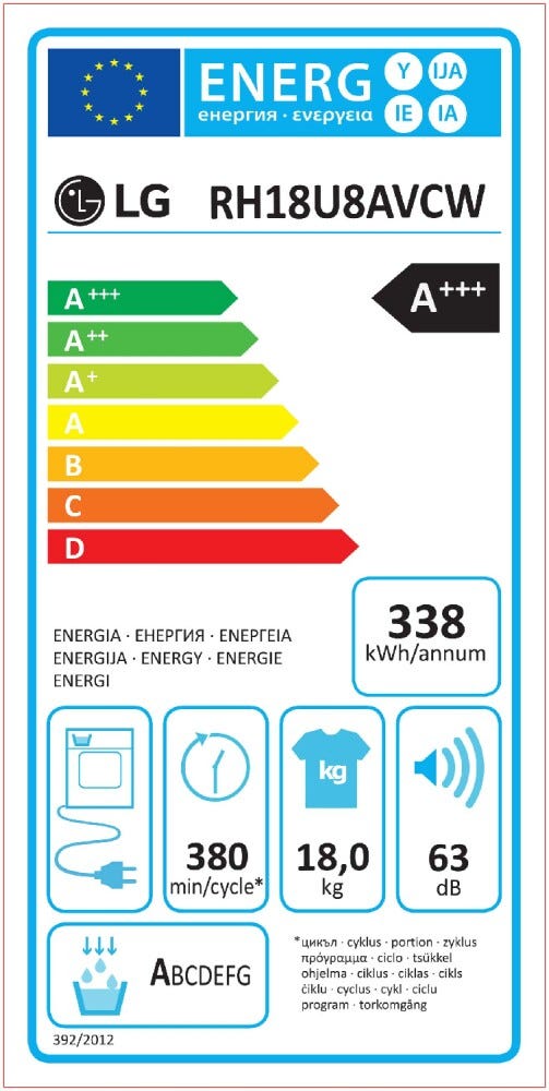 LG RH18U8AVCW Serie U8 Asciugatrice cm. 70 - capacità 18 kg - bianco